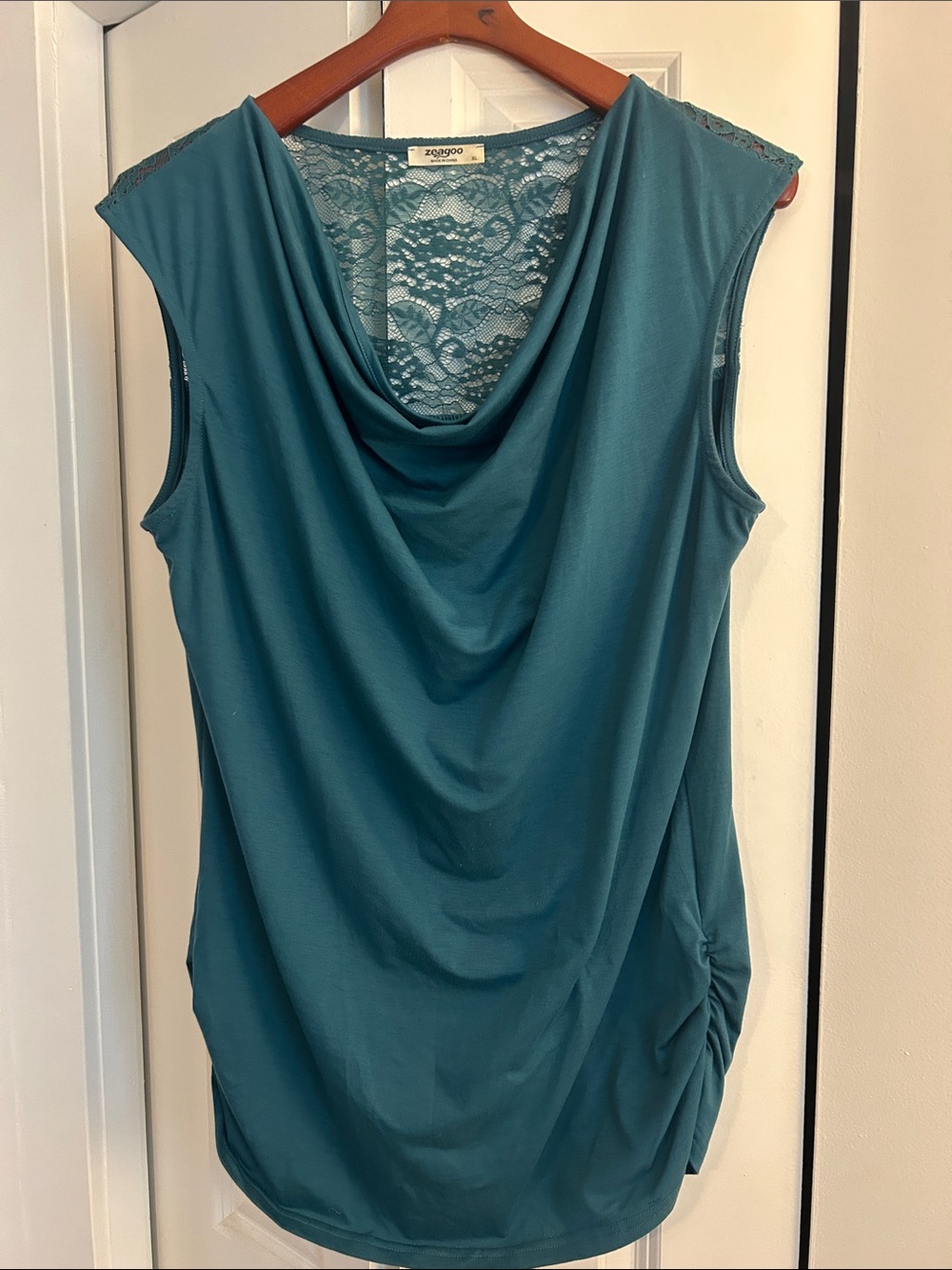 zeagoo Teal Draped Cowl Neck Lace-Back Sleeveless Top